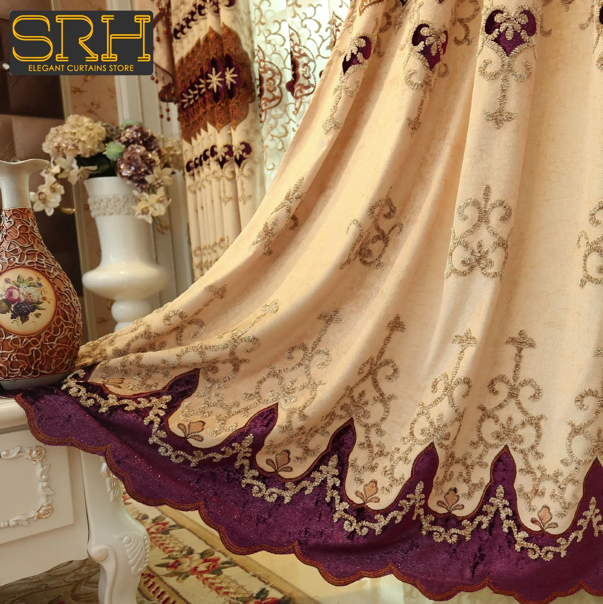 European Hollowed Water-soluble Embroidery Curtain for Bedroom Living Room Beige Velvet Fabric Custom Elegant New Tulle Valance