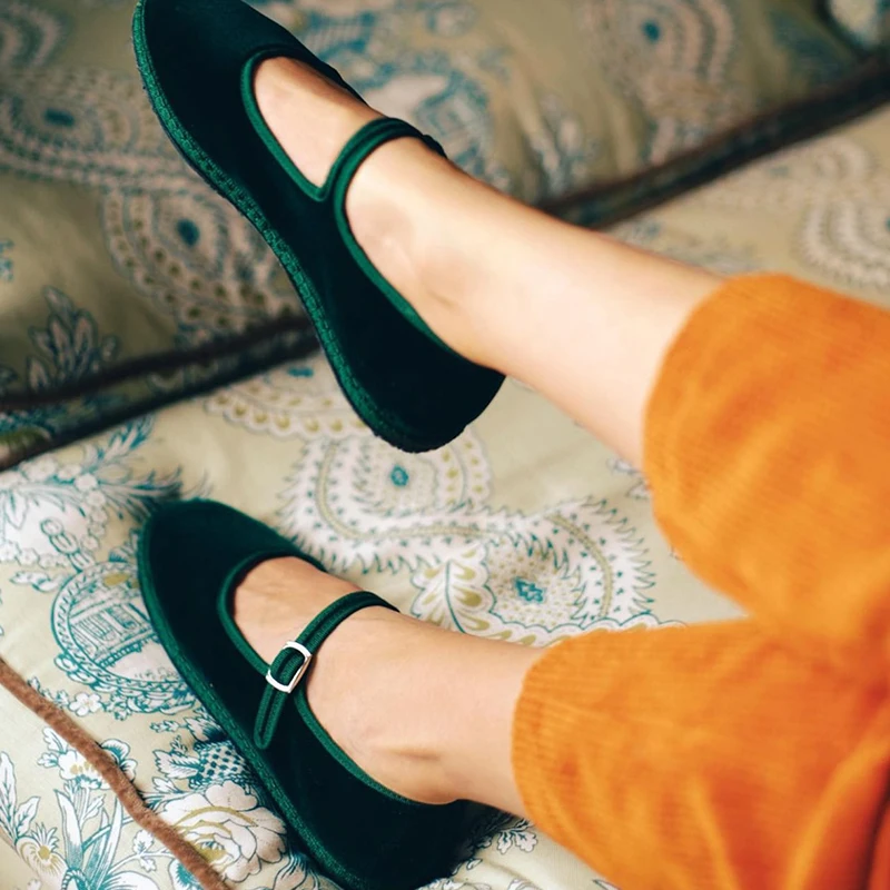 Flannel Flats Women Shoes Hand Stitch Mary Janes Ballet Casual Shoes Ladies Elegant Buckle Closure Velvet Loafers Dark Green image 2