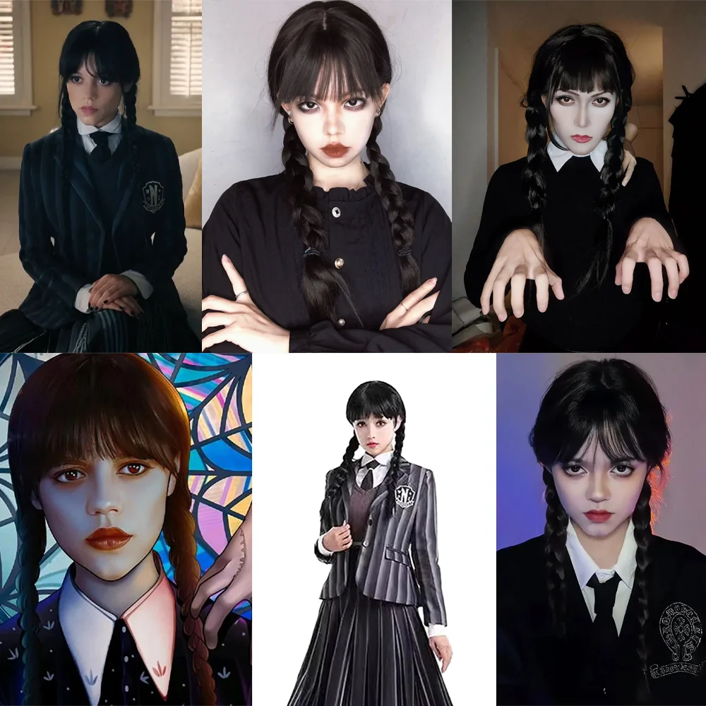 アダムス コスプレ 人工毛、23 インチ ブラックとブラウン、前髪と三つ編み付き、女性の日常パーティーに適した耐熱ウィッグ