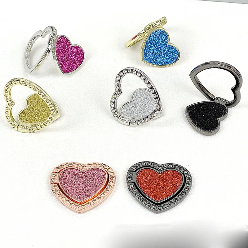 

Luxury Glitter Heart Crystal Diamond Full Metal Ring Flash Powder Bracket Case 360° Back Cover Mobile Phone Shape Stand Holder