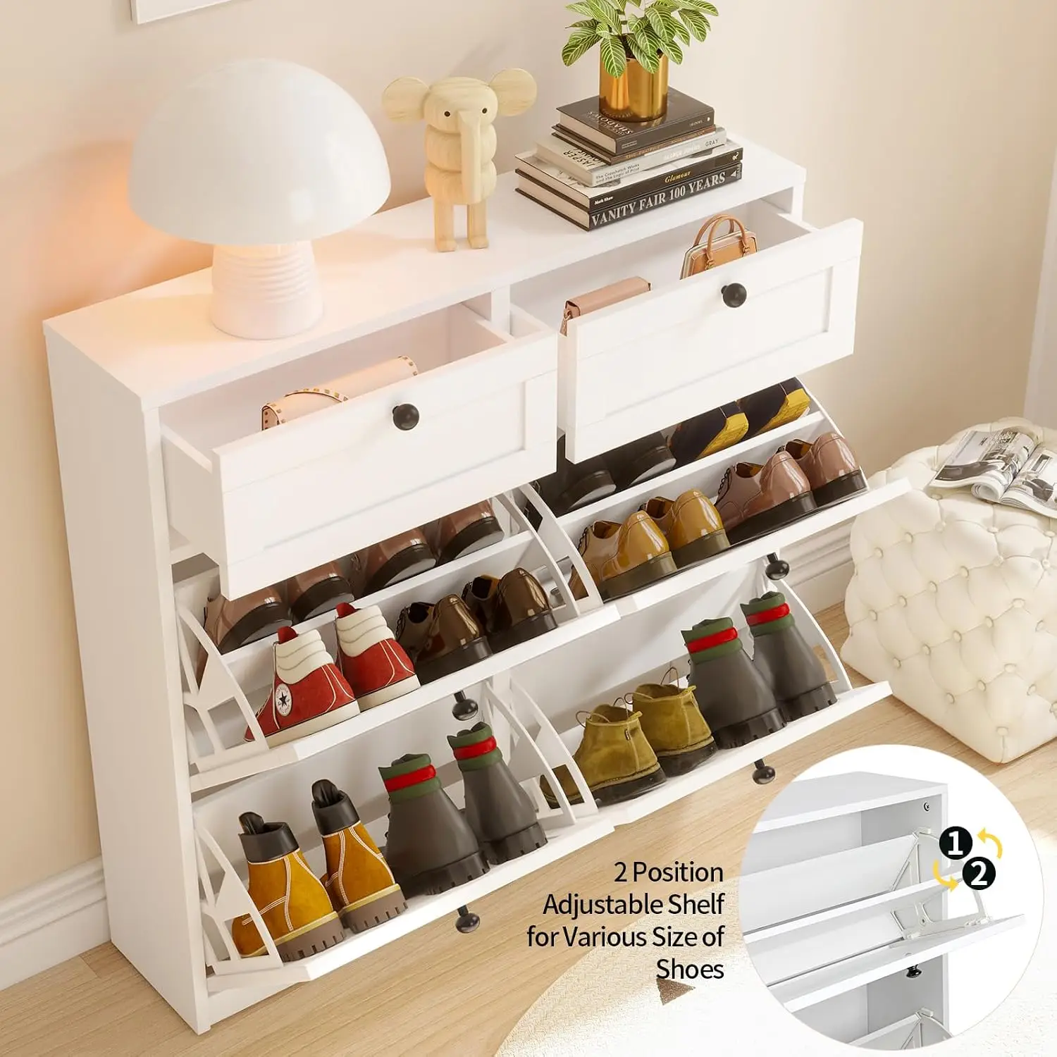 Shoe Cabinet 4 Flip Drawers & 2 Drawers Freestanding Adjustable Shelves Organizer Entryway Hallway Living Room White, Customized