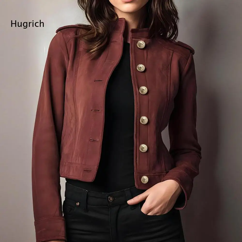 Women Long Sleeve Faux Leather Crop Jacket Stand Collar Gold Button Decor Slim Outer Coat For Daily And Dating Looks