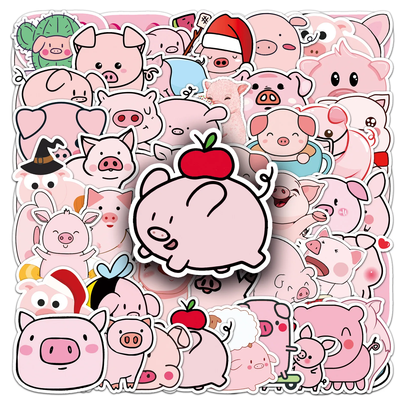 

50PCS Piggy Sticker Pink Material Cartoon Image Animal Decorative Stationery Notebook Headphones Waterproof Sticker Kids Toy