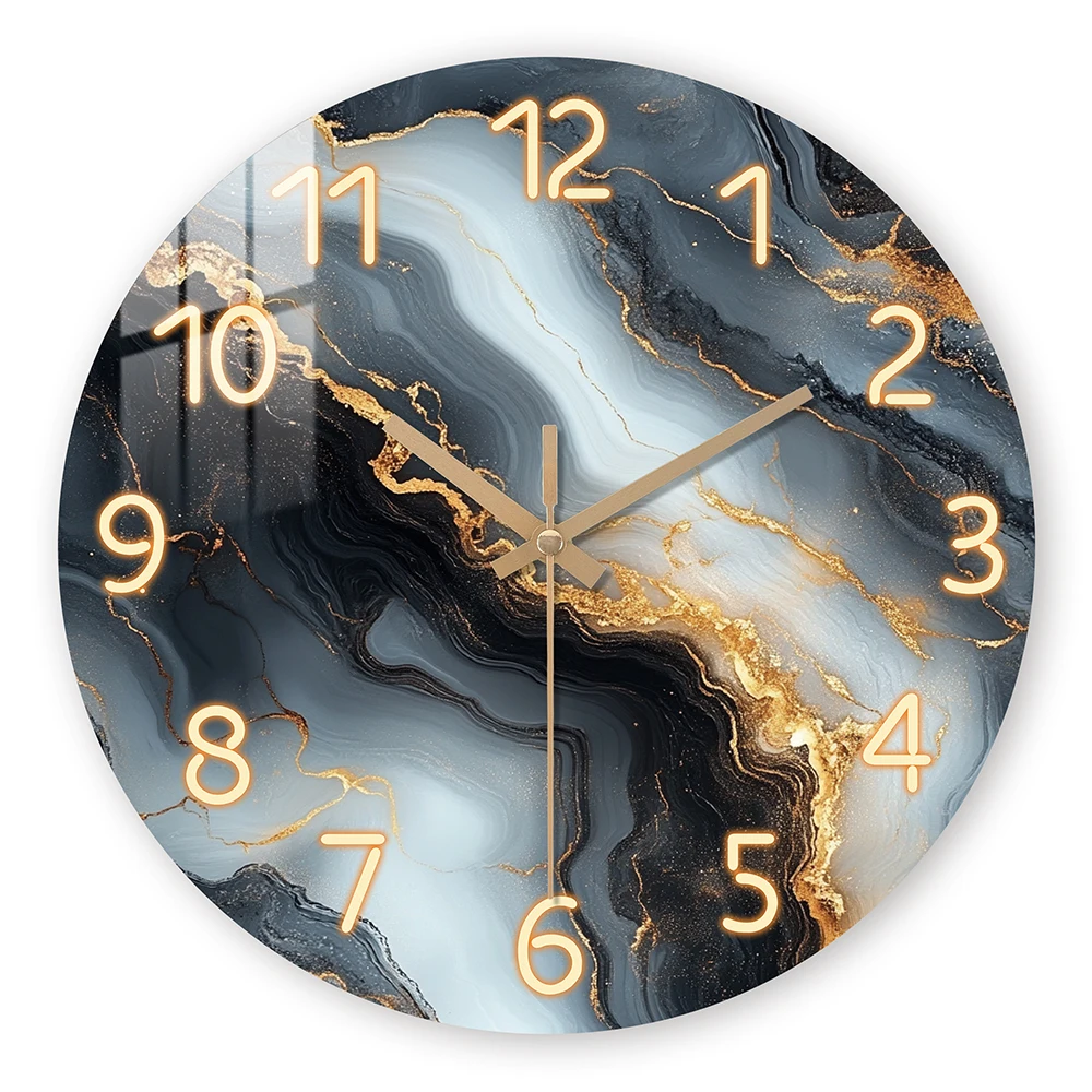 1 piece wooden wall clock, fantasy theme - blue and gold marble - like texture pattern tempered film veneer silent clock, suitab