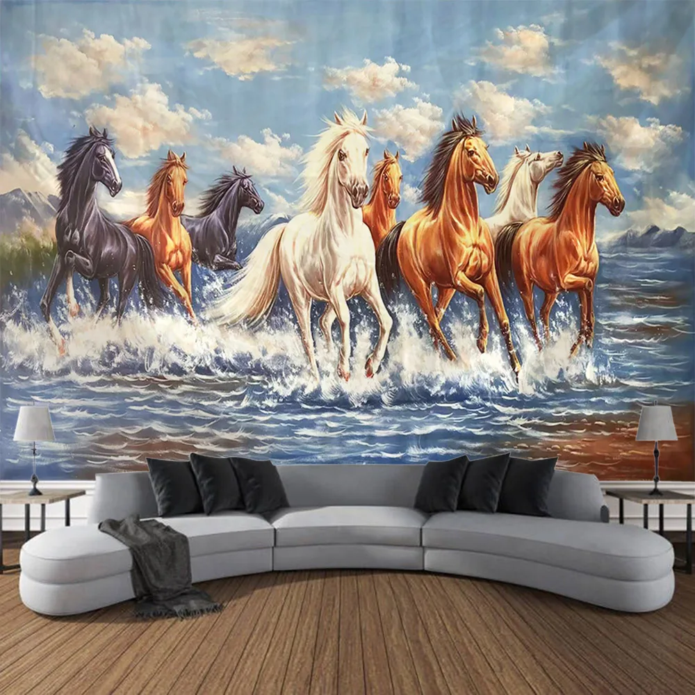 Animal oil painting tapestry hippie retro horse art decoration background home blanket living room bedroom fabric wall hanging