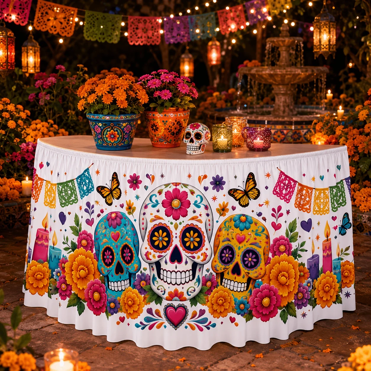 One tablecloth or table skirt. Polyester. Halloween. Three-color. Sugar skull. Sunflower.