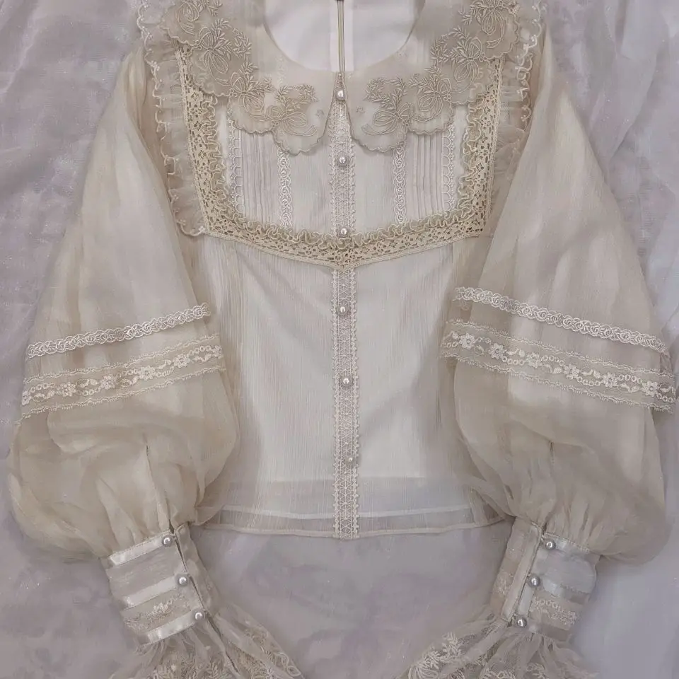 

Винтажная рубашка в стиле Лолиты, японская женская элегантная милая кружевная блузка с рюшами и вышивкой, длинными рукавами Y2k, эстетичная одежда, топы