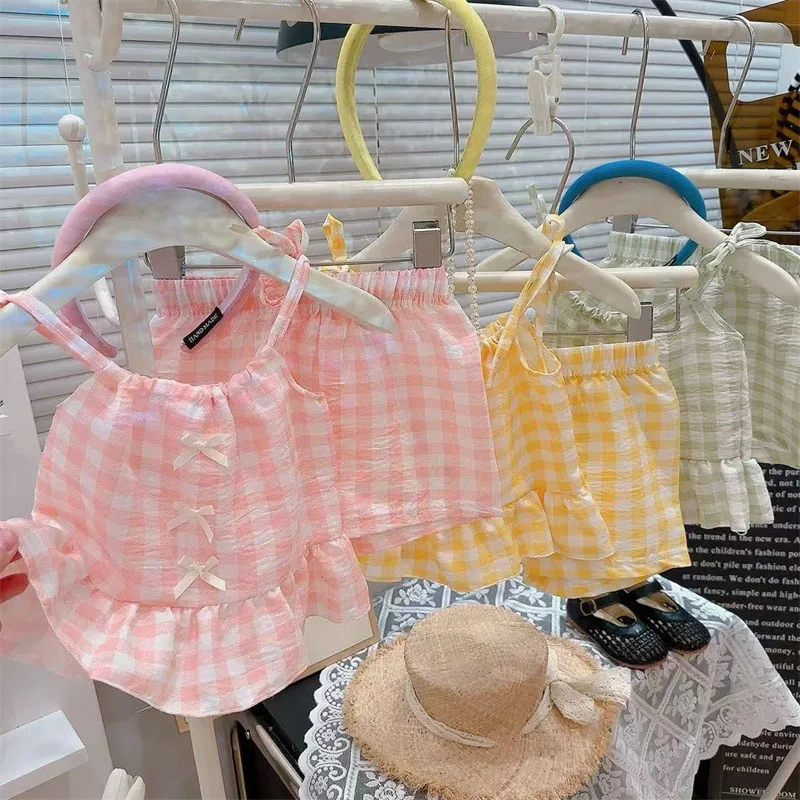 Summer New Girls Sling Shorts Set Princess Plaid Bow Thin Strap Sweet Vest Skirt Fashion Suit for Baby Toddler