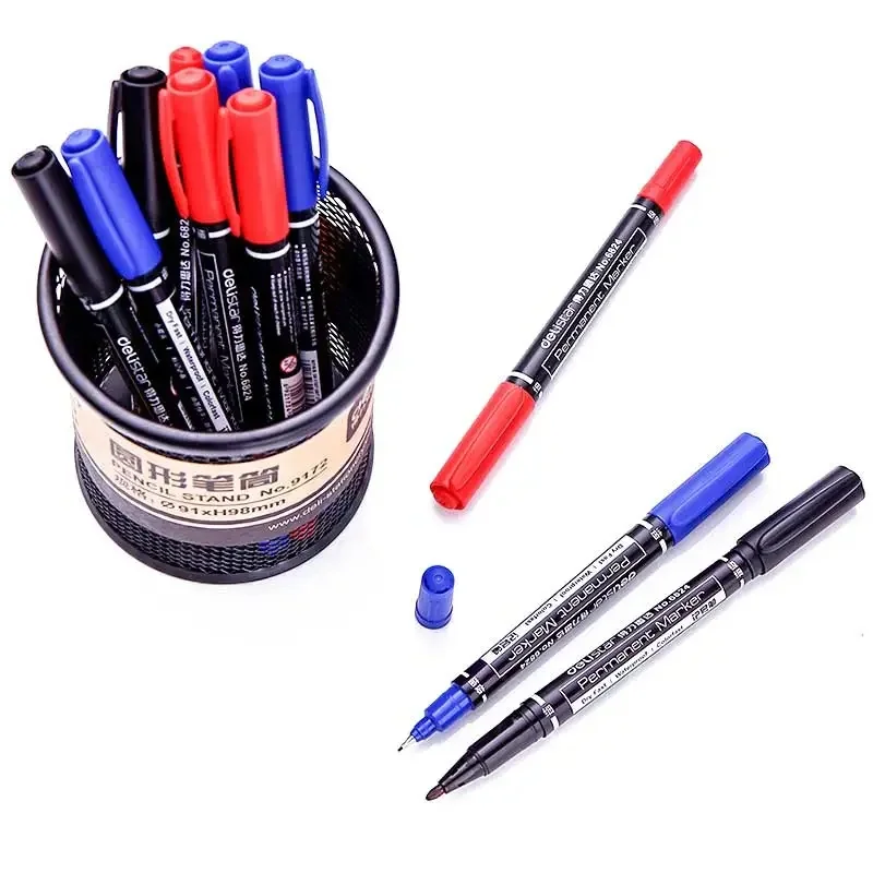 Waterproof Marker Pen Oil Permanent Dual Tip 0.5/1.0 mm Nib Black Blue Red Art Marker Pens School Office Stationery