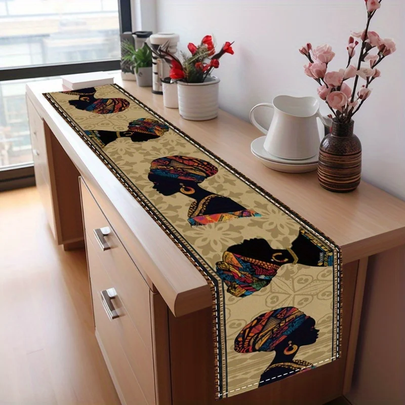 Polyester African Women Silhouette Table Runner | 1pc Rectangle Table Flag for Indoor Outdoor Home Party Kitchen Dining Decor