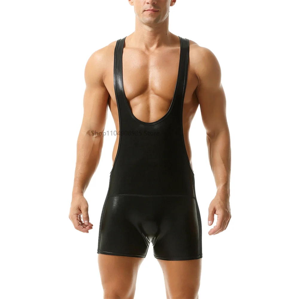 

Men's Sexy Shinny Faux Leather Jumpsuits Leotard Elastic Wrestling Singlet One-pieces Underwear Mesh Patchwork Boxers Bodysuits