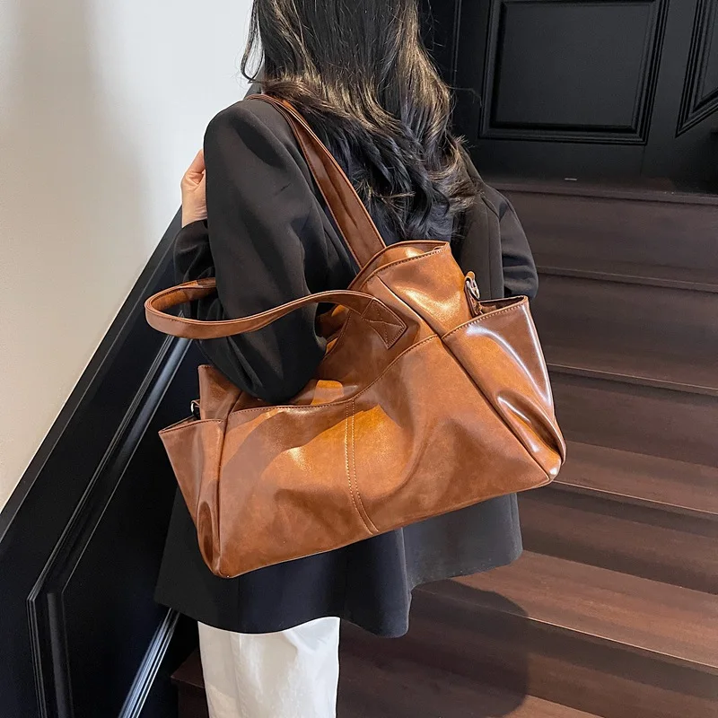 Women Retro Soft PU Leather Large Tote Bag Multi Pocket Shoulder Handbag With Removable Crossbody Strap