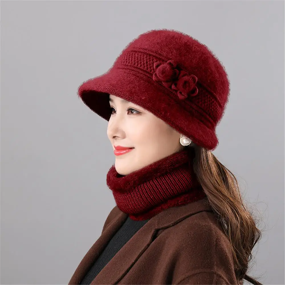 

Warm Women's Hat and Scarf Set Windproof Faux Rabbit Fur Bucket Hat with Small Flowers Thickened Knitted Mom Hat Scarf Two Set