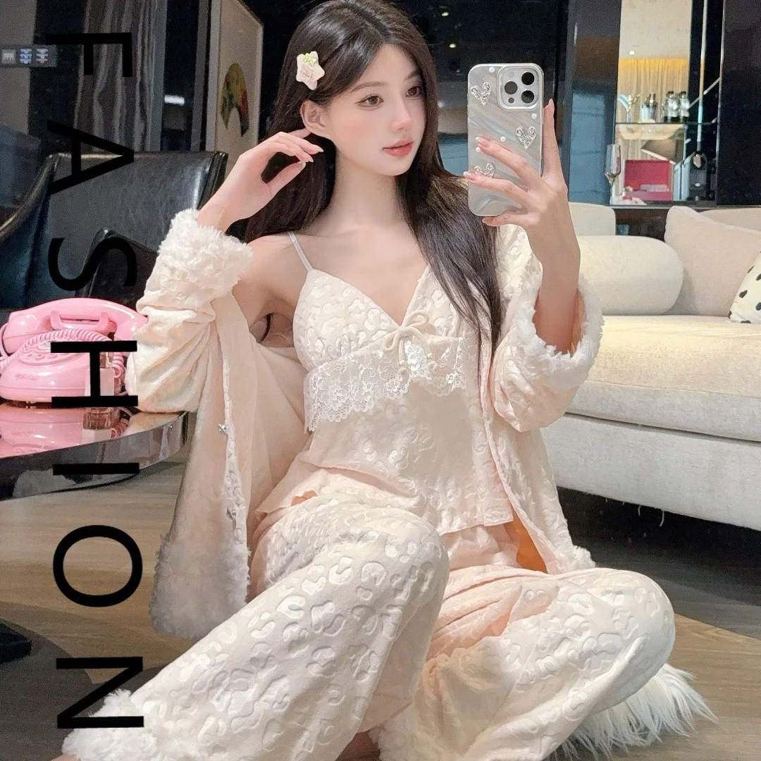 

[Island fleece temperament leopard print] Island fleece pajamas women's cold leopard print warm suspenders loungewear set autumn