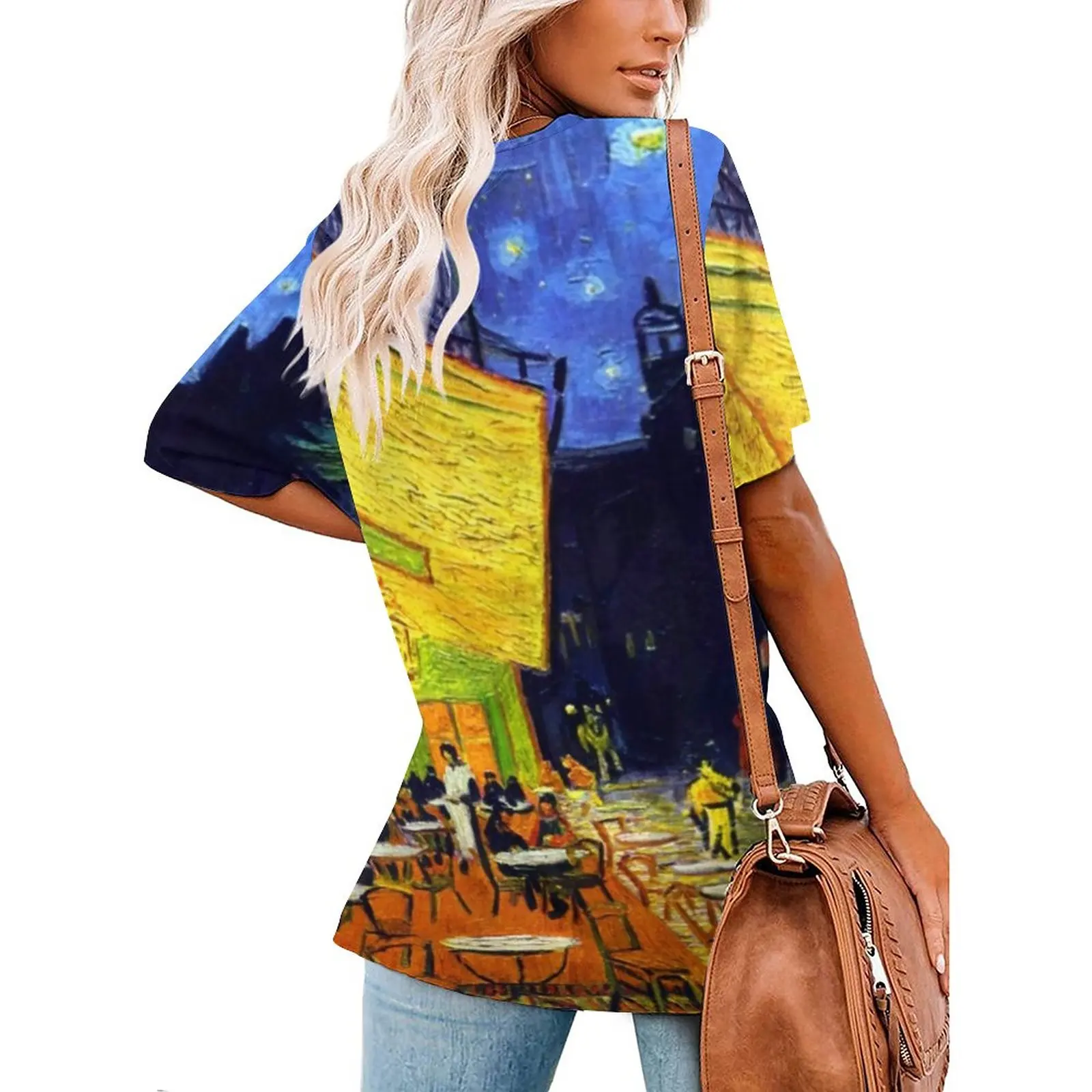 Cafe Terrace at Night T Shirts Van Gogh V Neck Street Fashion Oversize T-Shirt Short-Sleeve Female Modern Tshirt Sexy Print Tees