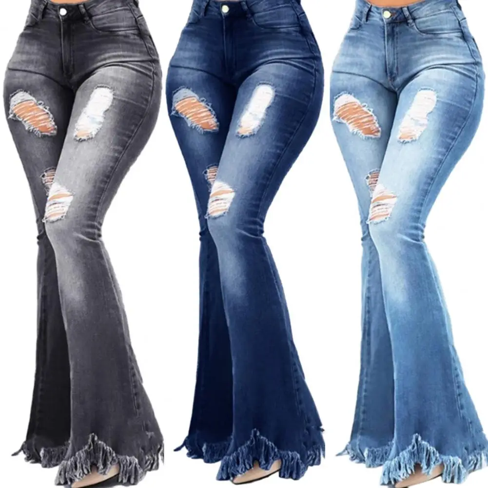 

Denim Flared Jeans Women Pants High Waist Zipper Ripped Holes Tassel Cuffs Autumn Winter Jeans