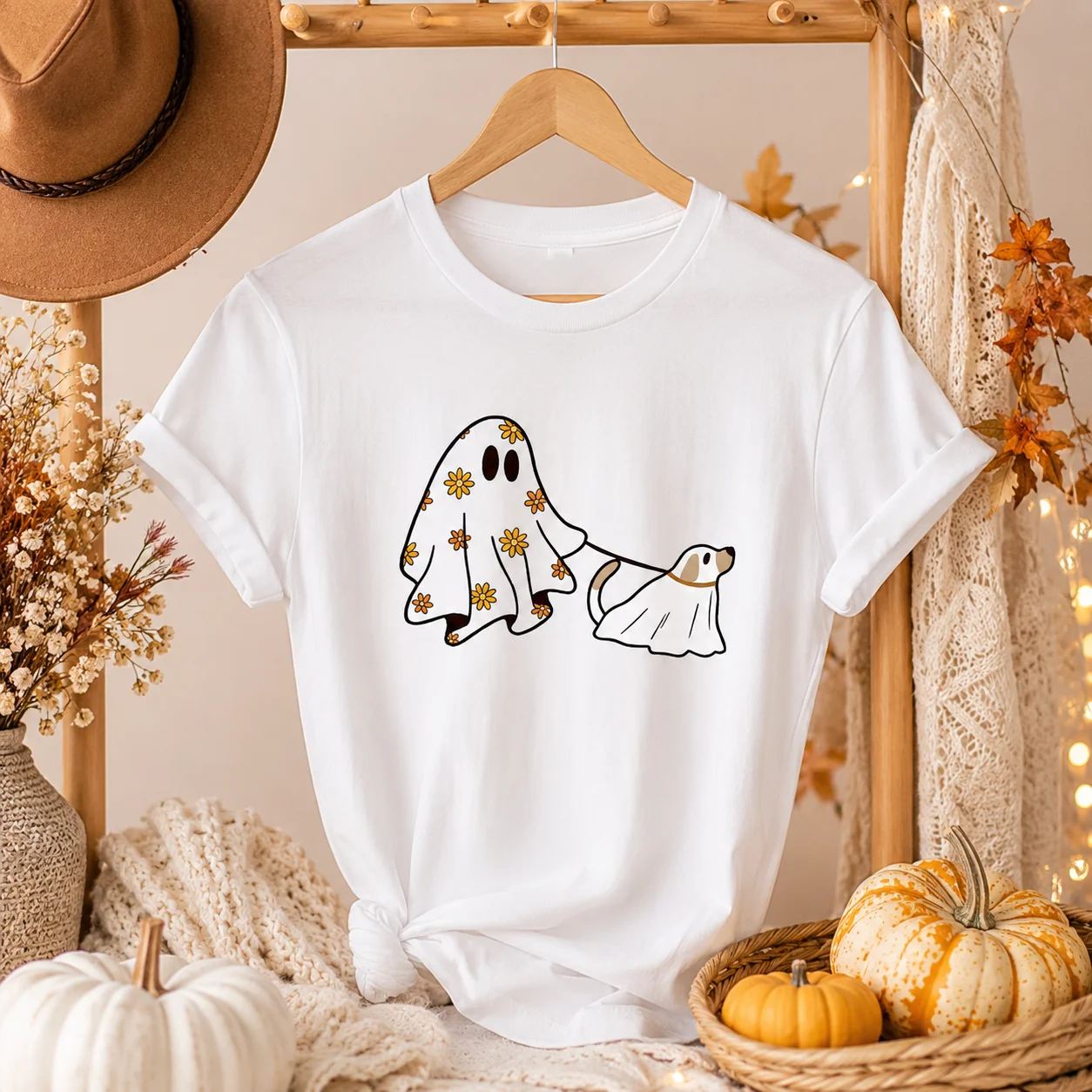 Cute Ghost Walking Dog Women's 100% Cotton Short Sleeve Tee, Floral Daisy Ghost Dog Halloween Dog Lover Graphic Casual T Shirt