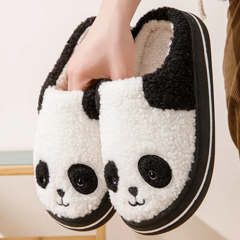 Cute Panda Plush Slippers Winter Warm Fuzzy Indoor Home Thick Sole Non Slip Soft Family Matching House Cotton Shoes Women Men