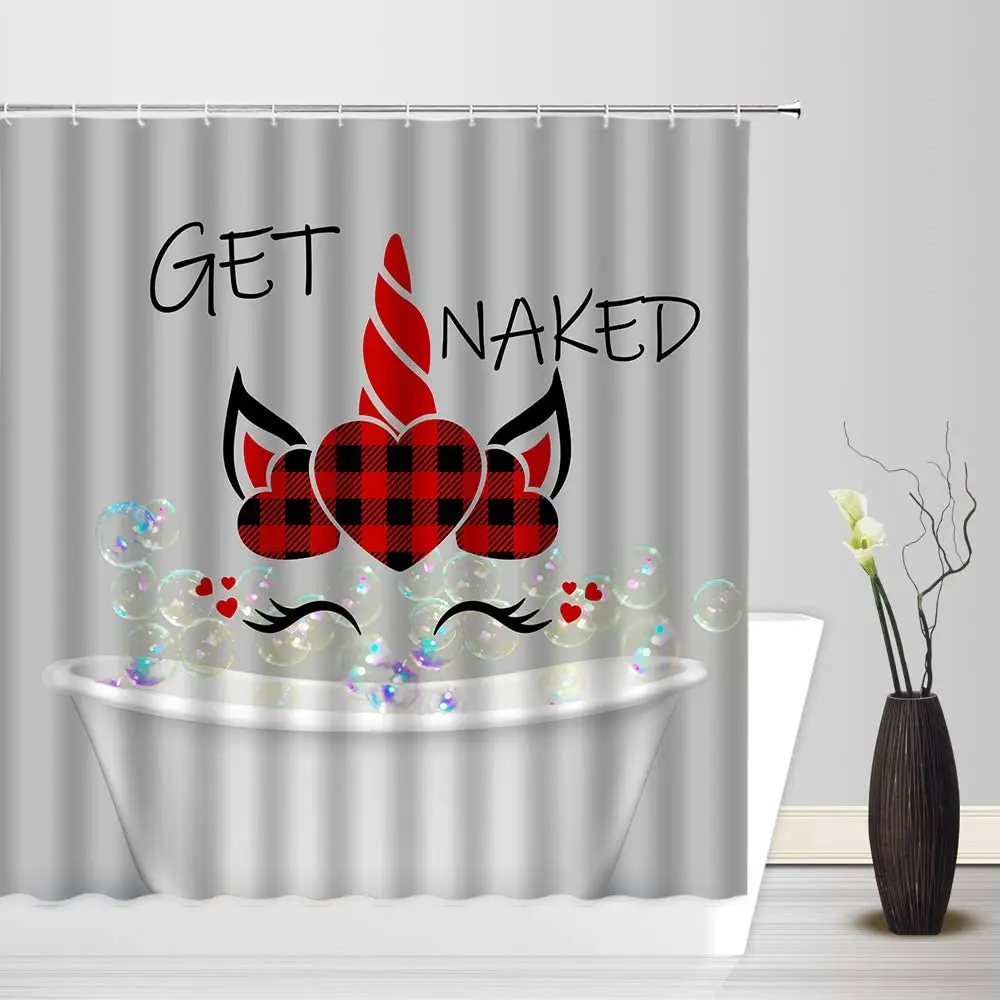 

Unicorn Shower Curtain Get Naked Cute Unicorn Magic Head Black Red Buffalo Plaid Vintage Waterproof Bath Curtains Bathroom Deco