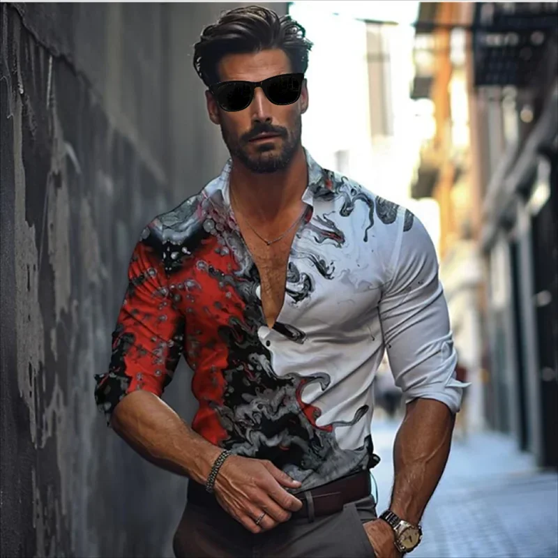 Camicia casual da uomo con illusione ottica stampa 3D party street vacation primavera ed estate risvolto manica lunga