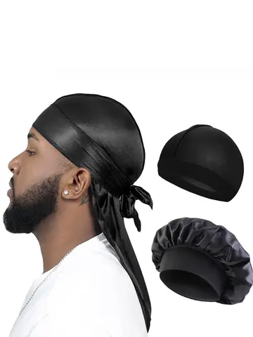 3PCS/LOT Men Silky Durag Long Tail Pirate Hat Headband Turban Dome Wave Cap Unisex Wig Cap Elastic Band Satin Bonnet