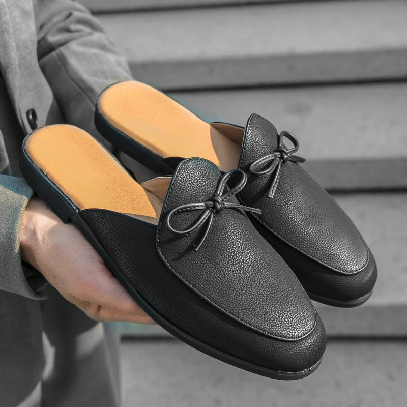 Men Fashion Slippers Men One Step Casual Comfortable Half Dragged Small Leather Shoes Men Outdoor Business Slippers Size 38-44 view 4