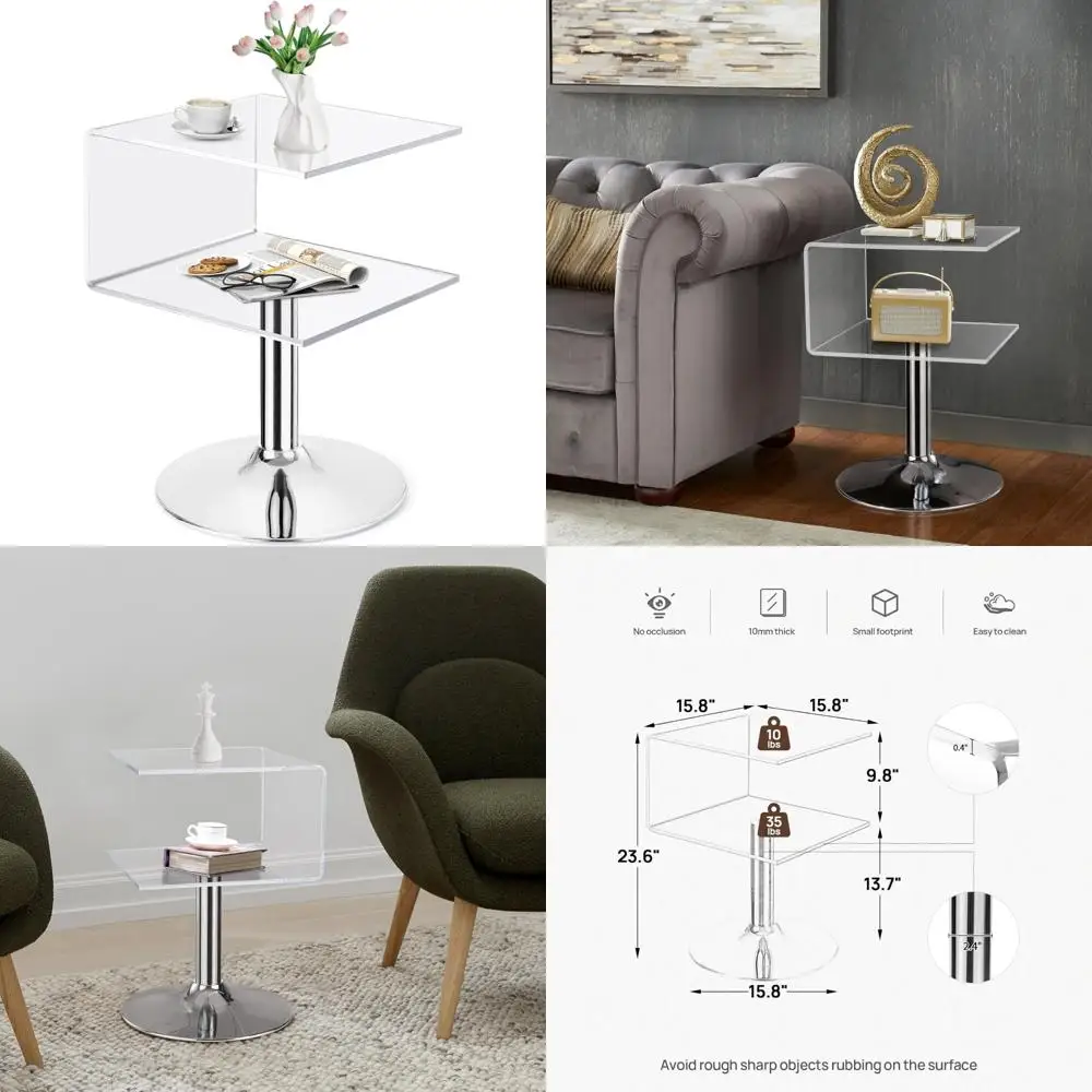

Modern Clear Acrylic C-Shaped Side Table, Small Transparent End Table for Couch, Stainless Steel Nightstand with Sleek Design