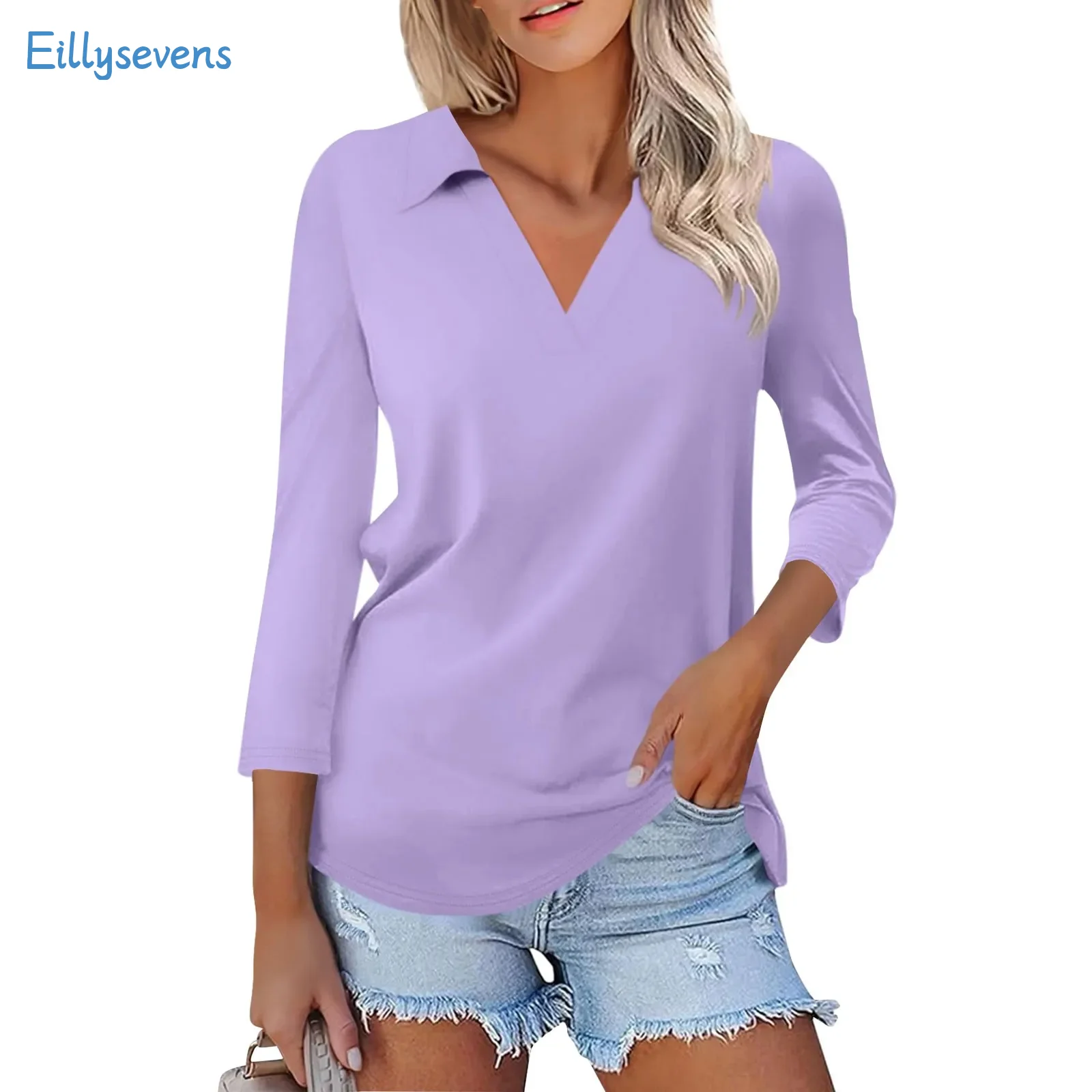 Women'S Seven Sleeve Shirt Tops Summer Fashion Casual Solid V-Neck Blouse Tops Daily Commute Simple All-Match Fitting Shirts