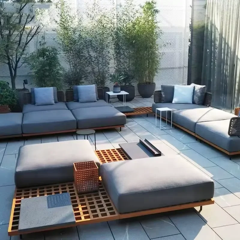 High Quality Teak Wood Outdoor Furniture Set Roof Top Patio Garden Deep Seating Low Back Sofa Rattan and Wicker Materials