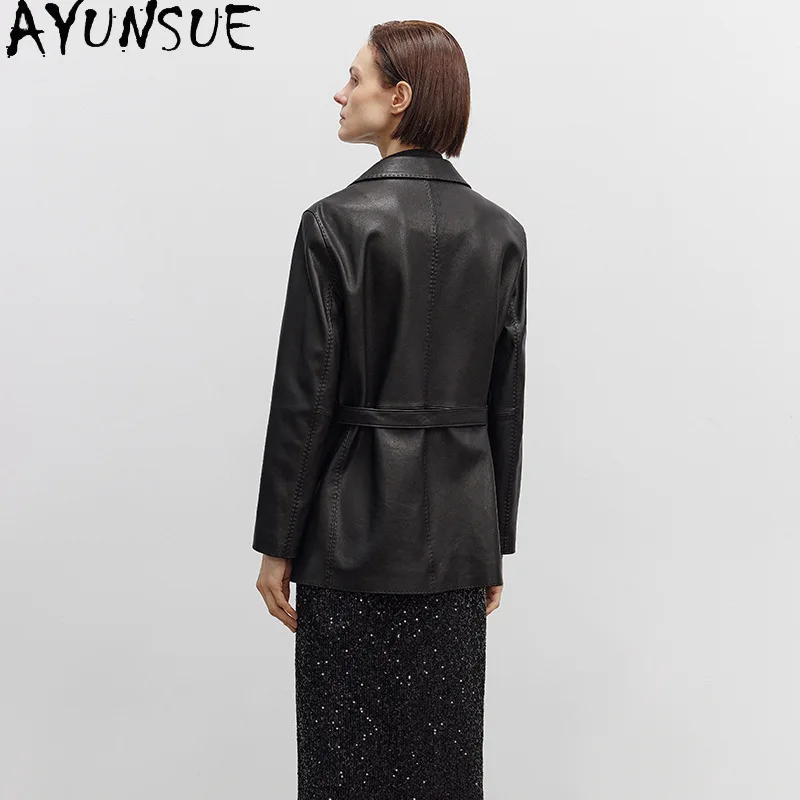 AYUNSUE Giacca in vera pelle di pecora naturale Donna Vintage Nero Giacche da donna Primavera Autunno Vestiti Cintura Jaqueta Couro