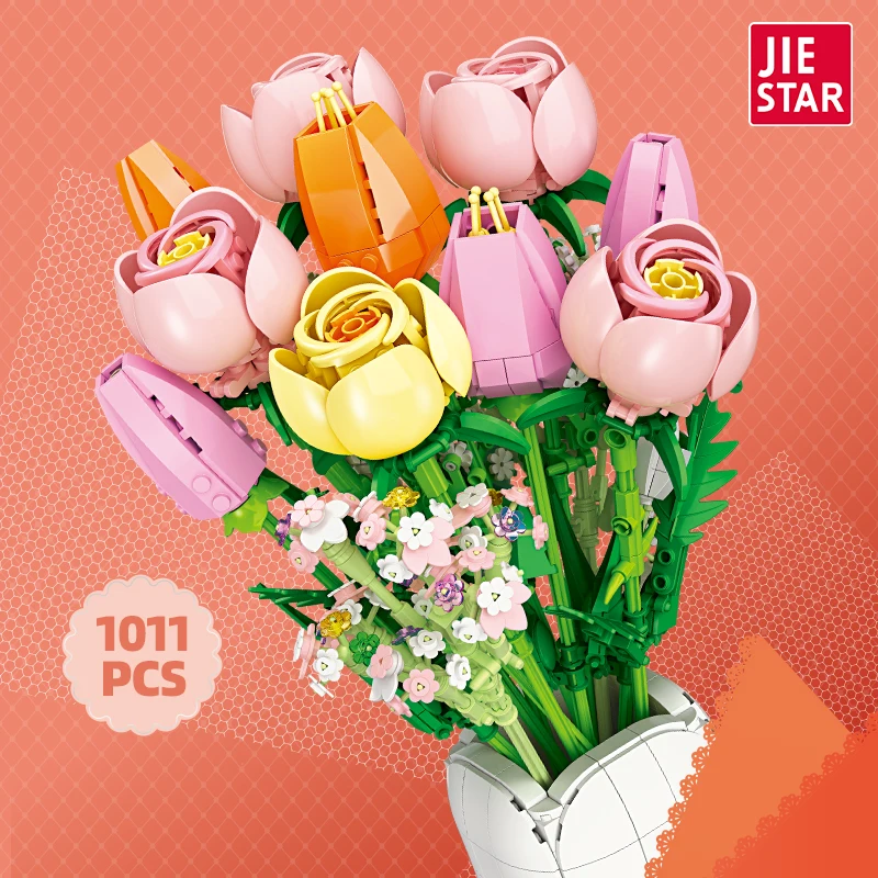 

1011PCS Tulip Bouquet Building Blocks Flower Eternal Flower Vase Model Bricks Home Decoration Kids DIY Toys Girls Romantic Gifts