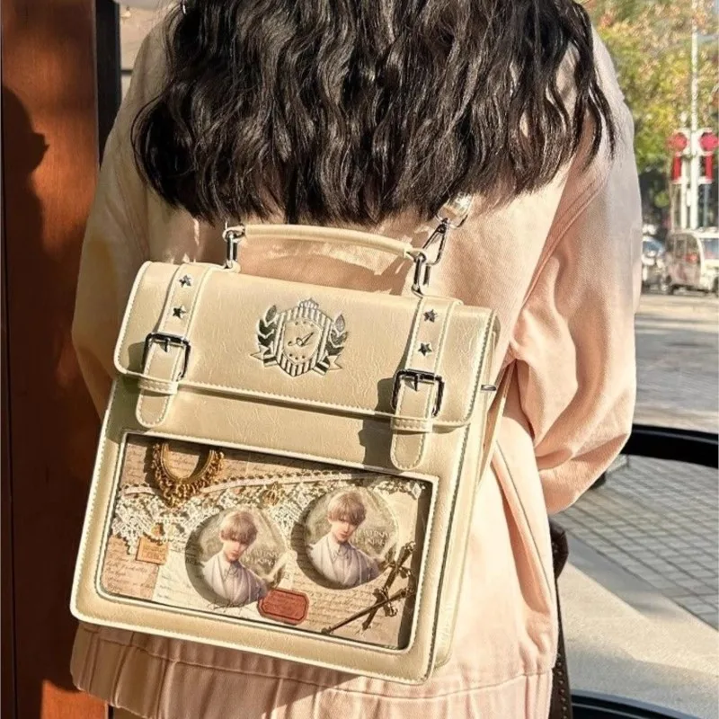 

Harajuku Star Studded Shoulder Bag Women Transparent Square Leather Anime Handbag Ladies Academic Style Embroidery Badge Ita Bag