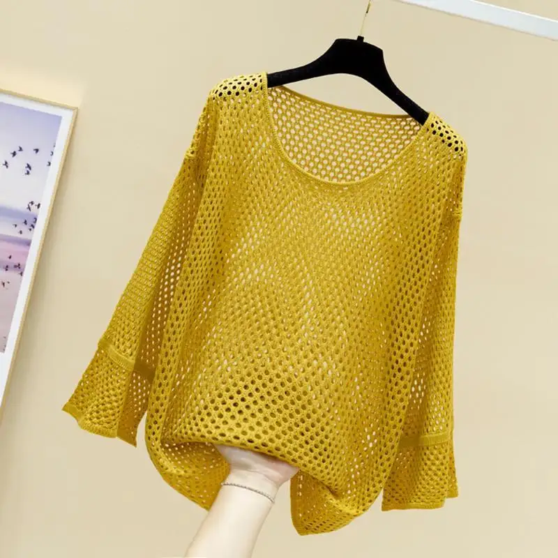 Woman Mesh Loose New Knit Sunscreen Tee Female Fashion T-shirt Hollowed Out Summer Ladies Sweater Casual Pullover Tops Shirt Q87