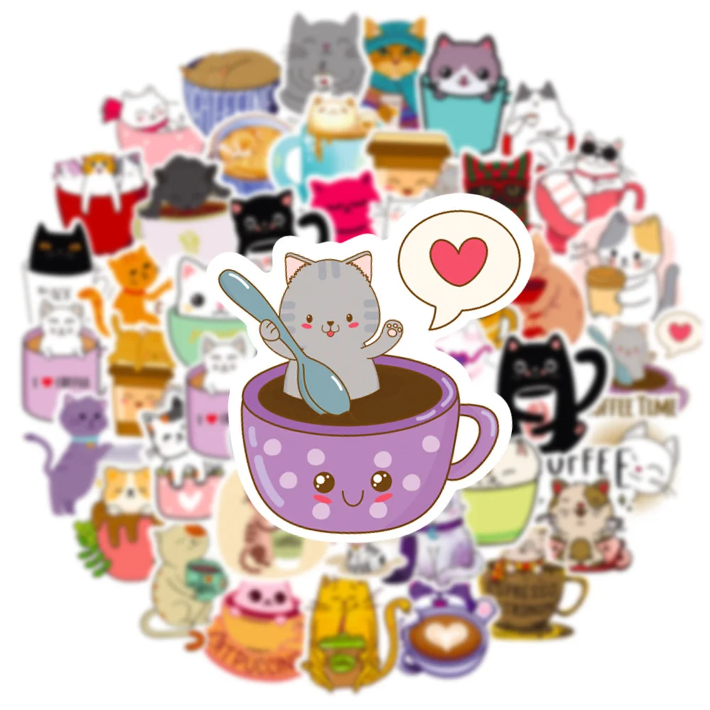 50 PCS Cartoon Hand-painted Cat Coffee Stickers Decals Laptop Mobile Phone Luggage Skateboard iPad Children\'s Toys Waterproof St