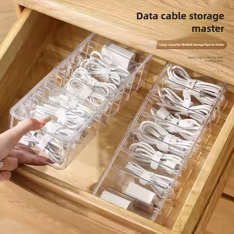8-grid Transparent Data Cable Storage Box Desktop Phone Charger Charging Cable Sorting Grid Box Hub Sorting Organizer Shelf