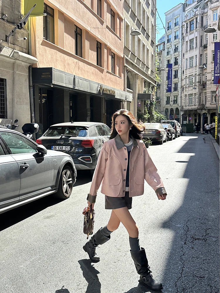 Giacca in pelle con motivo alligatore rosa ZQ Ziqing Dust e Rose ey, nuovo design da donna, con colletto a contrasto, cappotto corto