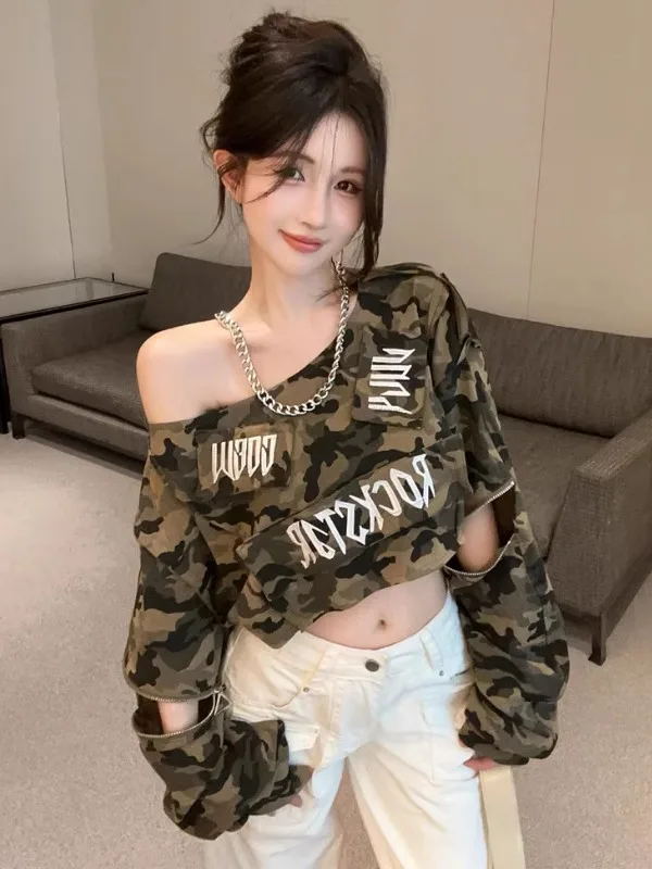 

Retro American Style Short Zipper Camouflage Sweatshirt Heavy Embroidery Diagonal Shoulder Design Fashionable Streetwear for ...