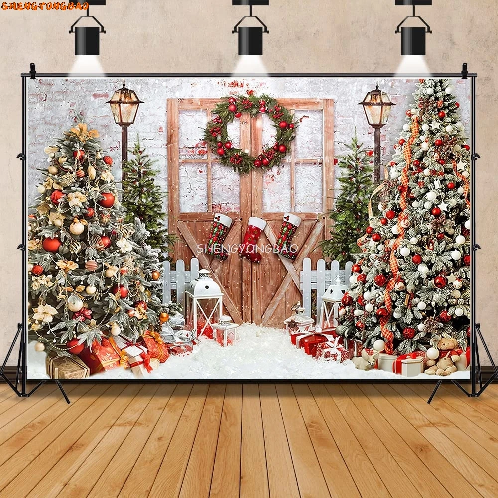 SHENGYONGBAO-01 Christmas Tree Background Prop, Window Wreath, Fotografia Backdrop, Portas De Madeira, Boneco De Neve, Cinema, Pinho, Ano Novo