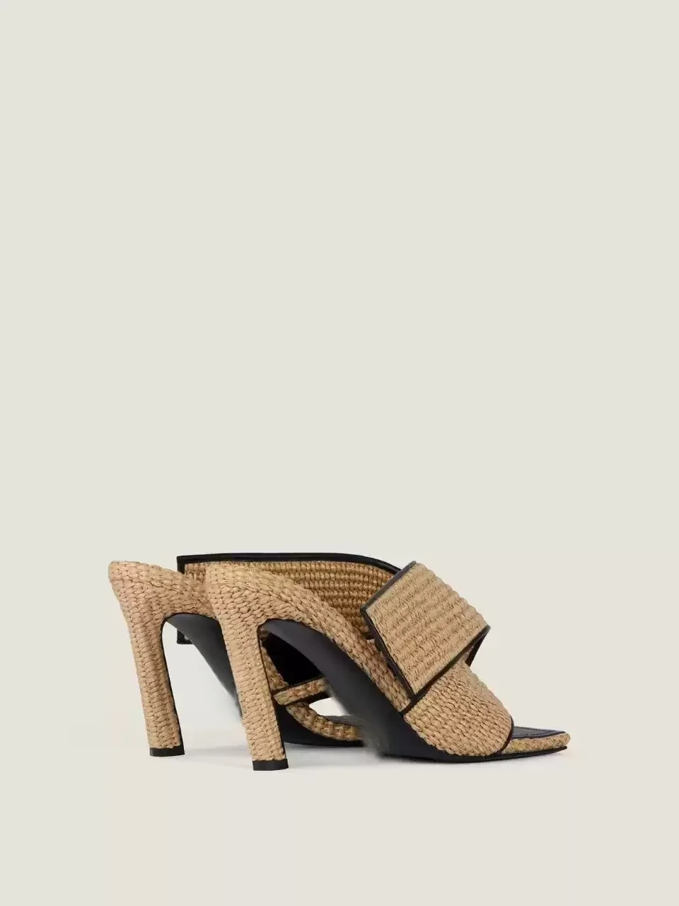 Women's Natural Raffia Woven Crisscross Strap Design Square Toe Block Heel Mule Sandals Vacation Ladies Casual Slip-On Slippers