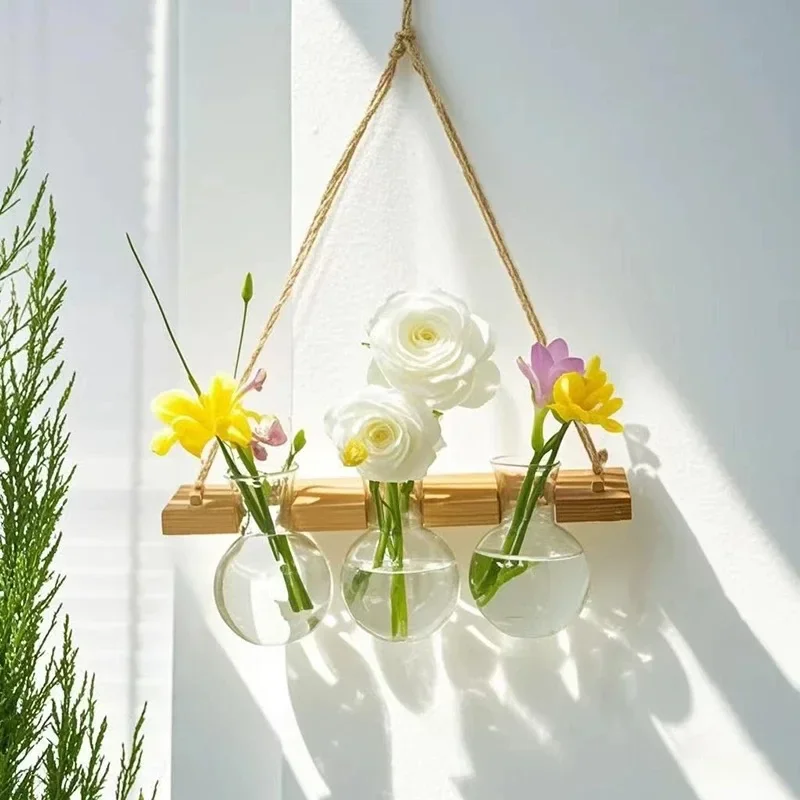 Ins Style Hydroponic Test Tube Vase - Wall Mounted Wooden Frame Hydroponics Decorative Container for Home Office Party Gift Vase