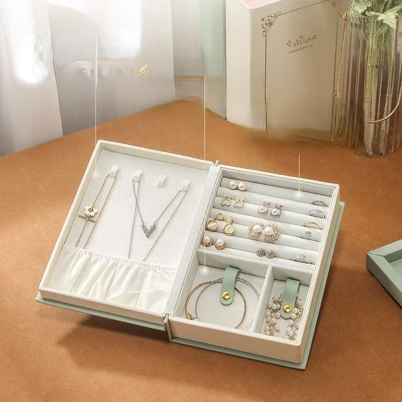 Flip Cover Book Shaped Jewelry Box For Earrings Ring Storage Holder Portable Leather Travel Home Portable Jewelry Case