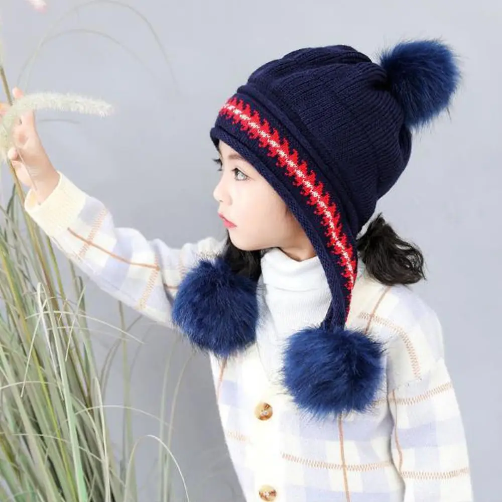 New Autumn Winter Knitted Beanie Hat Cute Pom Pom Fur Ball Ear Protection Cap Thickened Warm Hat Children