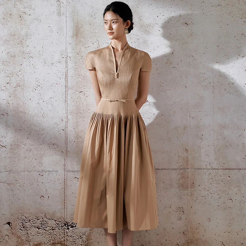 

JAMERARY Fashion Runway Summer Women Dress Midi Long Evening Party A Line Pleated Short Sleeve Bow Holiday Solid Vestidos