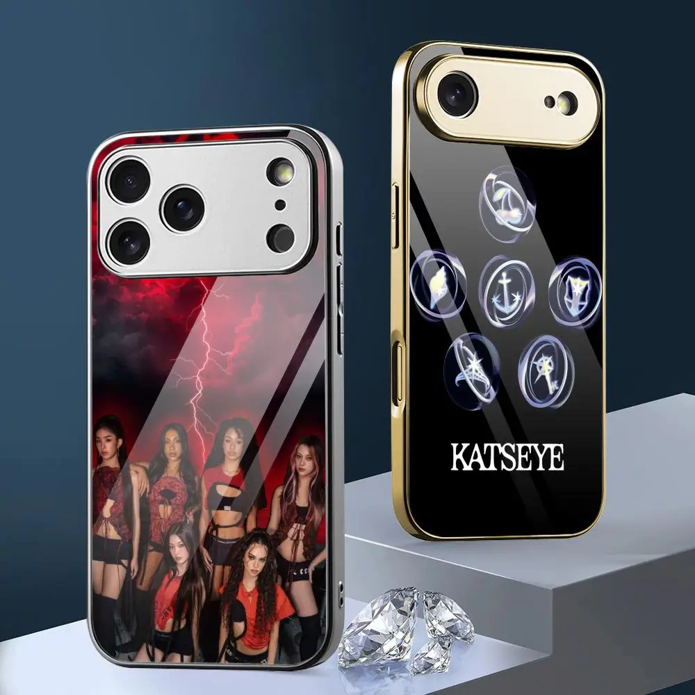 Band K-KATSEYE Phone Case For iPhone 17 16 15 14 13 12 Pro Max Plus Electroplated Metal Bumper Case Slim Glass Back