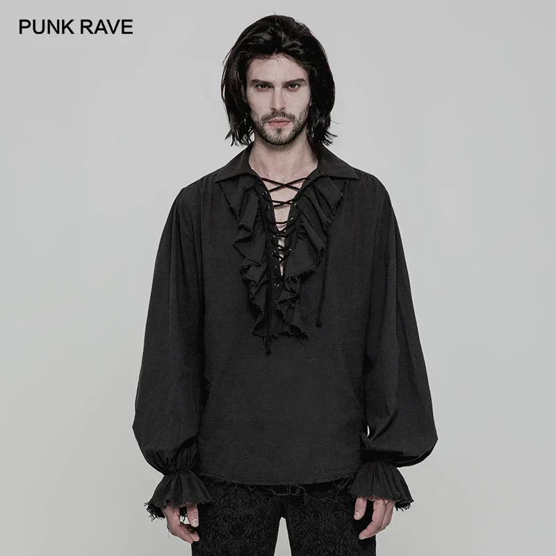 PUNK RAVE-Camisa solta de manga comprida masculina, top gótico, vintage, moda vitoriana, preta, cores brancas, roupa Steampunk