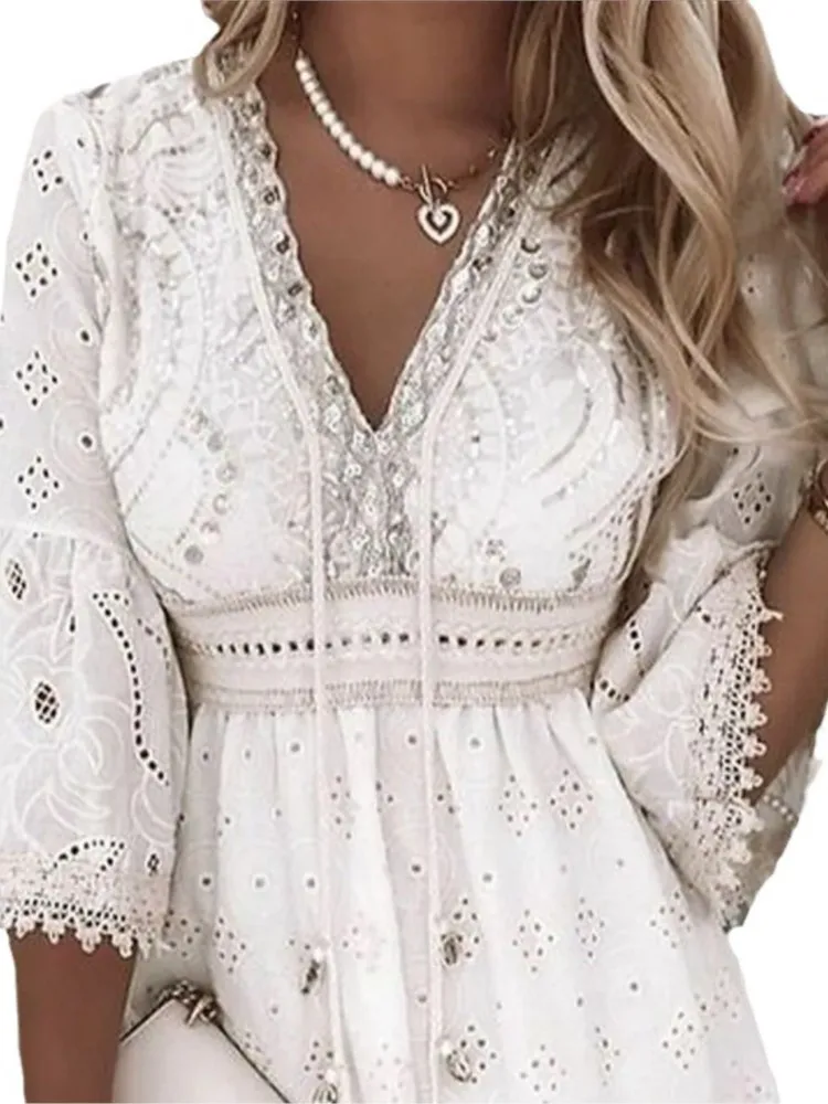 Elegant Women White Hollow Lace Mini Dress Summer V-neck Patchwork Lace Up Three Quarter Sleeve Ladies Vacation Beach Dresses