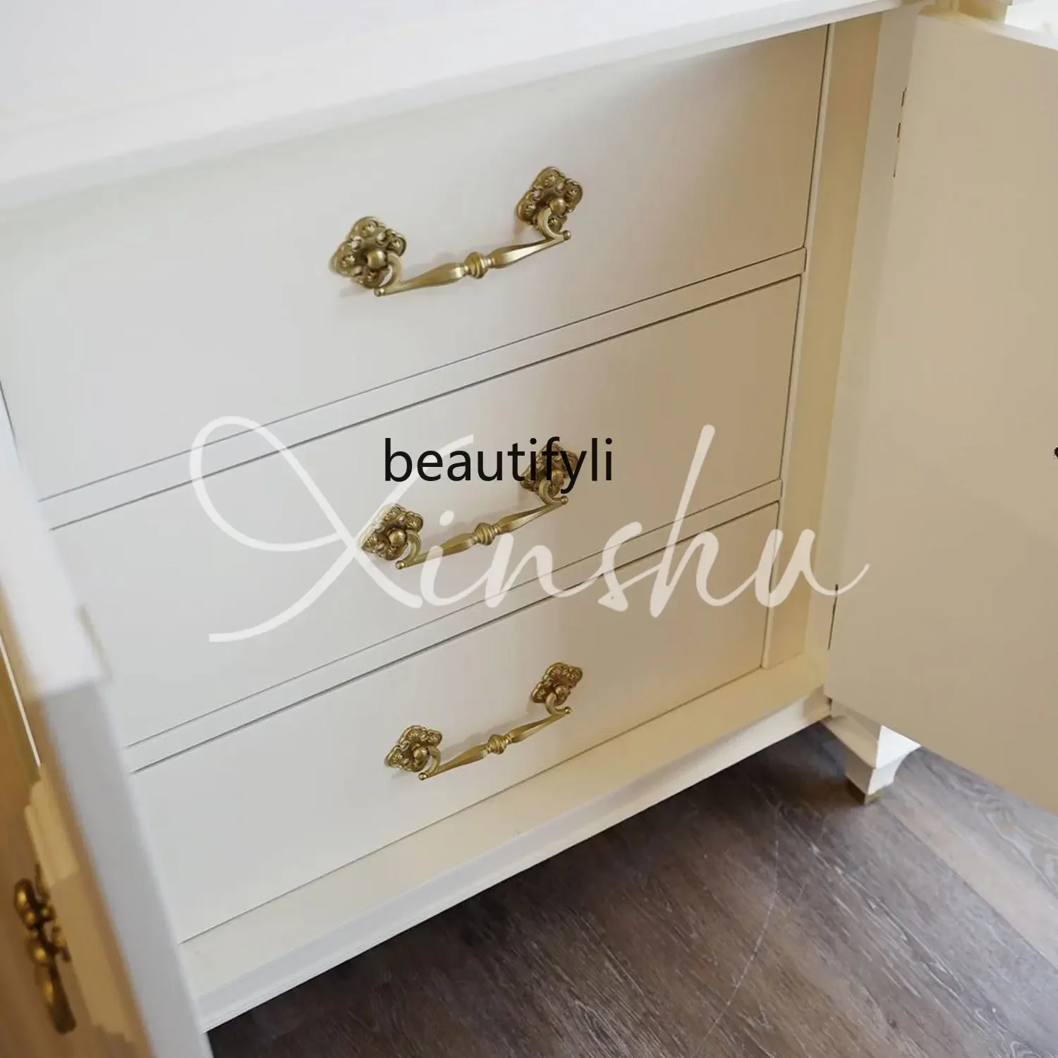 07 الفرنسية كريم الأبيض الخشب الصلب غرفة المعيشة جدار خزانة غرفة نوم السرير درج تخزين #5