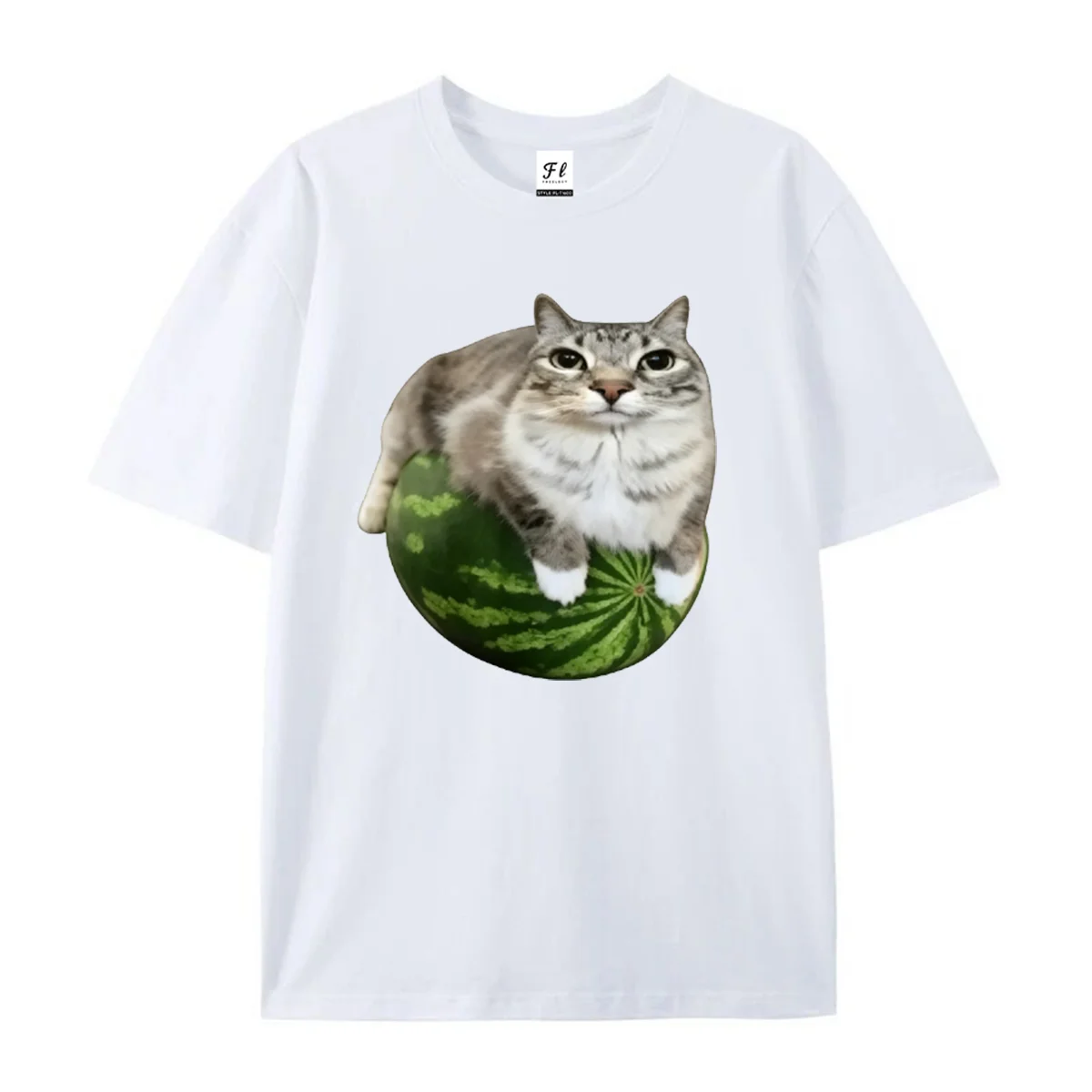 Men Women Funny Cat On Watermelon Graphic T‑Shirts Casual Short Sleeve Crew Neck Tees Summer Streetwear Loose Fit Tops Funny Tee