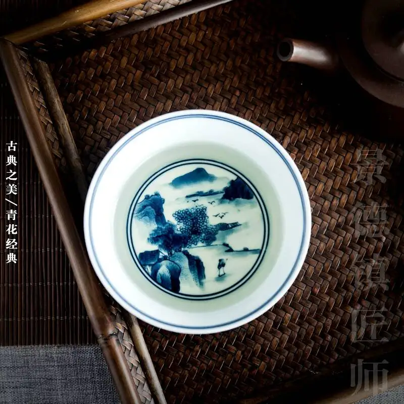 Jingdezhen Ceramic Kung Fu Hand-Painted Blue And White Landscape Master Tasting Cup, Handmade Tea Set, Individual Single Cup