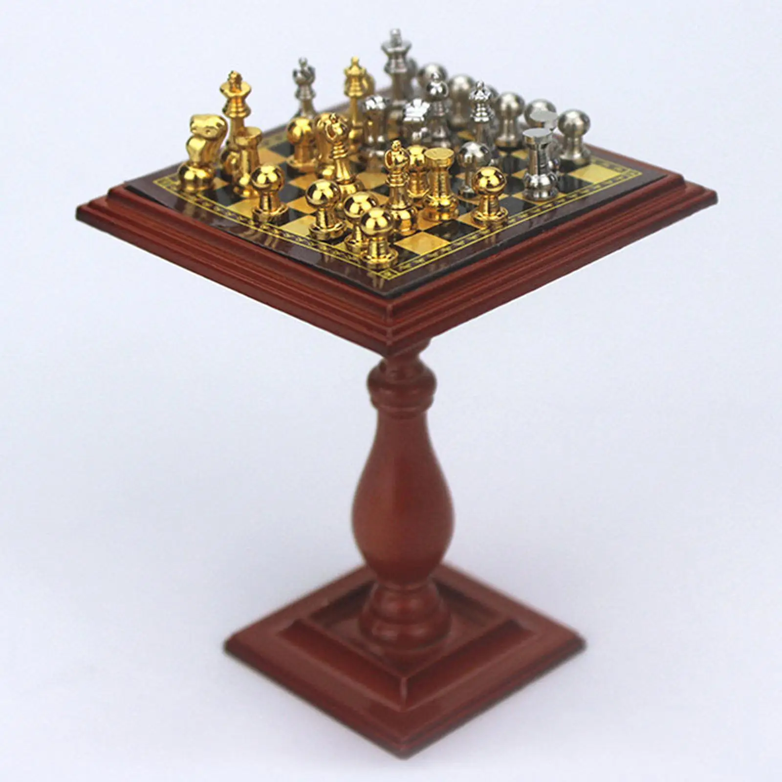 Dollhouse Miniature Chess Set Chess Table Toy House Wood Easy Assembly Mini Chess with Chess Board Gold and Silver Mini Chess